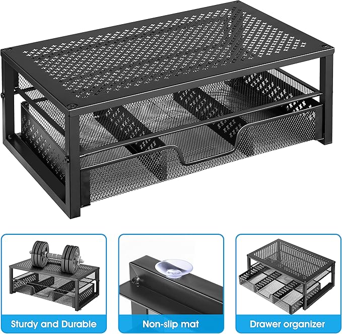 Simple Trending 2 Pack 2 Tier Metal Monitor Riser Stand and Computer Desk Organizer with Drawer, Black