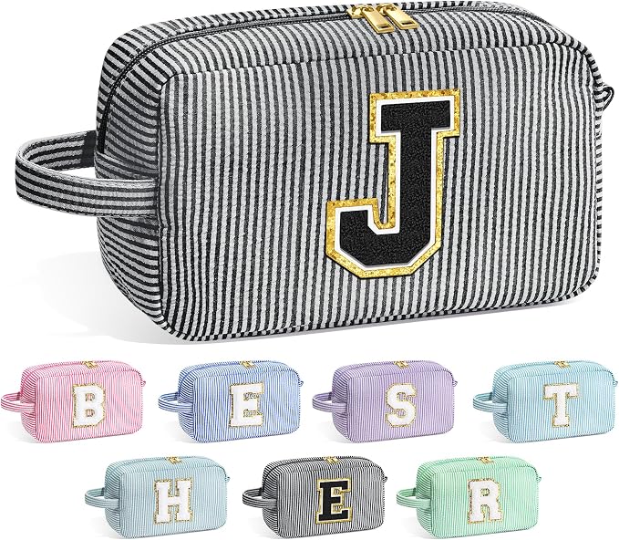 YOOLIFE Initial Makeup Bag for Women - Monogram Cute Makeup Bags Cosmetic Case Toiletry Pouch for Women Her Best Friend Sister Teacher, Personalized Birthday Gifts for Women, Black J