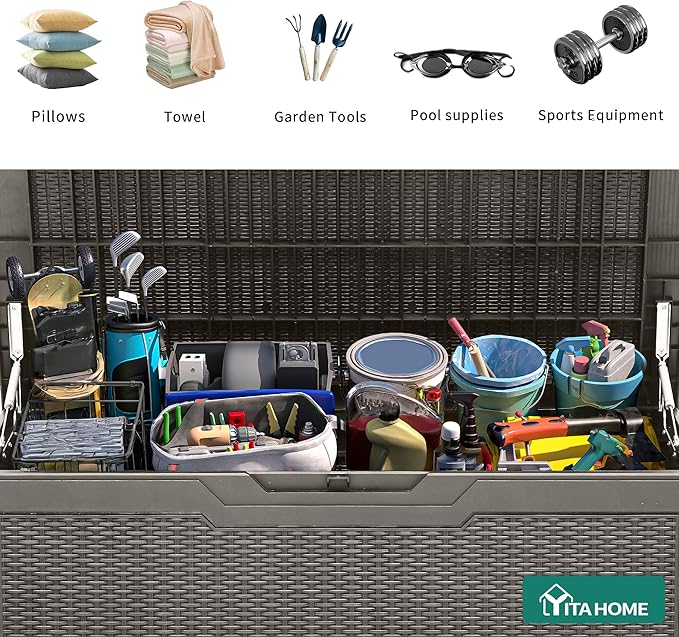 YITAHOME 100 Gallon Outdoor Storage Box, Large Water Resistant Resin Deck Box, Indoor Outdoor Lockable Storage Container for Patio, Garden, Cushions, Tools, Equipment (Taupe)