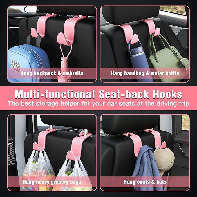 Amooca Universal Car Headrest Hooks, Car Organizer Hanger Storage Hooks for Bag Purse Cloth Grocery (Pink Set of 4)
