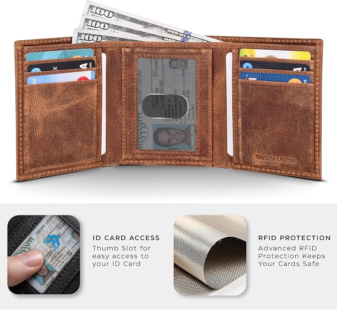 Tri fold Leather Wallet for Men with RFID | Slim Wallets for Men with 1 ID and 6 Credit card slots | Front Pocket Minimalist
