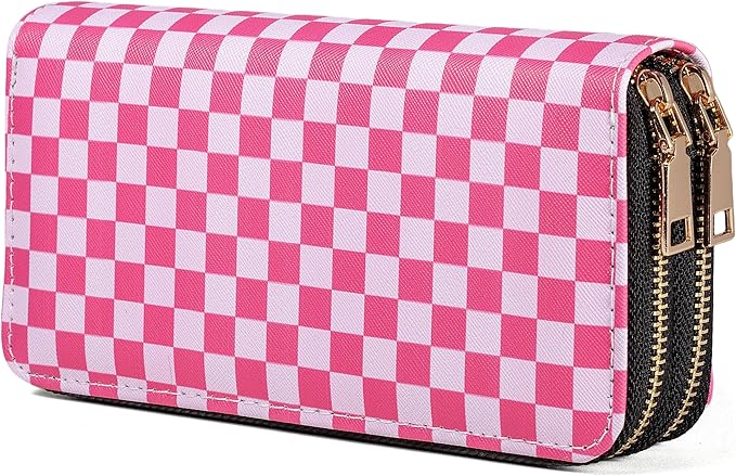Checkered Wallets for Women Cute Large Capacity Pink Female Plaid Purse 2 Zippers Credit Card Holder