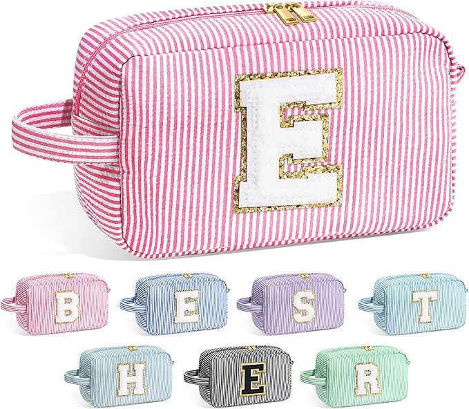 YOOLIFE Birthday Gifts for 6 7 8 9 10 11 12 13 14 15 Year Old Teen Girl - Initial Makeup Bag Letter Toiletry Pouch Cosmetic Case, Personalized Teen Girl Gifts Trendy Stuff Party Favor, Pink E