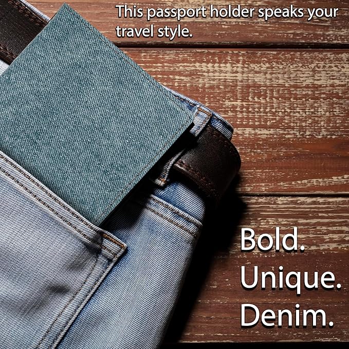 RFID Travel Passport Holder – Slim Credit Card & Document Organizer, Boarding Pass Wallet, Denim Eco Plane Essential Case Cover for Men Women (Blue Denim)