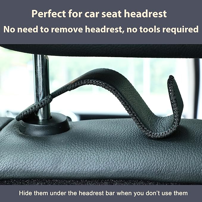 Amooca Car Seat Headrest Hook Universal Vehicle Storage Hanger Leather with Metal Car Seat Back Organizer for Handbag Purse Coat Black 4 Pack