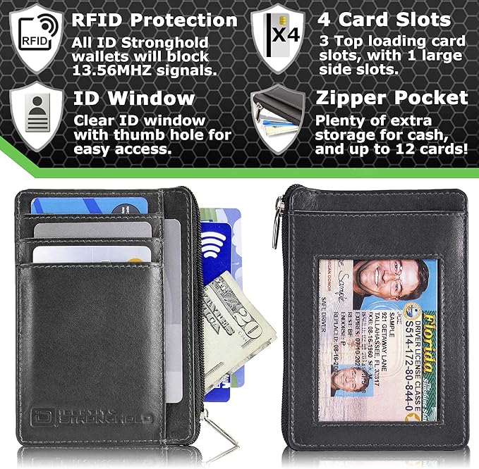 ID Stronghold RFID Front Pocket Wallet Mini Minimalist Wallet Slim Wallet Genuine Leather with Zipper, Small Black