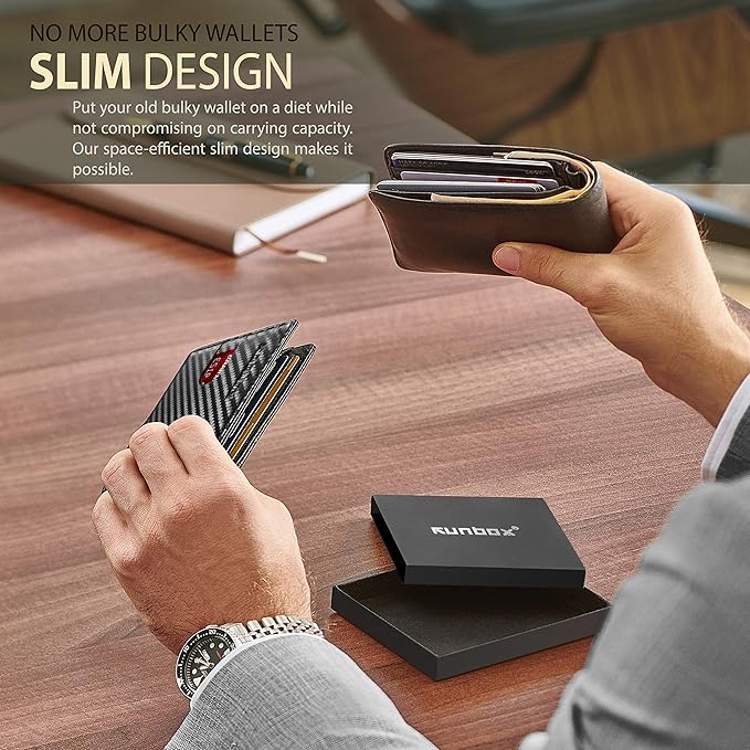 RUNBOX Slim Wallet for Men Genuine Leather RFID Blocking Bifold Minimalist Front Pocket Mens Wallet with Money Clip Thin Gift Box