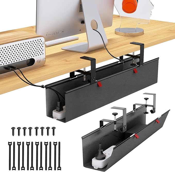 Under Desk Cable Management Tray - Under Desk Cord Management - Clamp/Screw Mount - Fabric Wire Management - Cable Raceways Tray Cord Hiders for Office/Home (Black, 28.6"×5.6")
