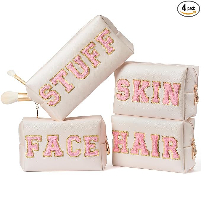 Y1tvei 4Pcs Preppy Patch Varsity Letter Makeup Bag Sewn with Pink Skin Hair Face Stuff Chenille Letter Cosmetic Toiletry Bag PU Leather Waterproof Portable Zipper Purse Travel Organizer for Women Girl
