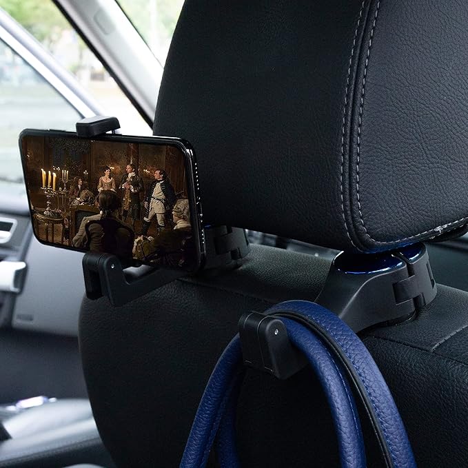 Amooca Car Seat Hooks for Purses and Bags with Phone Holder, Universal Car Headrest Storage Organizer Hanger Hook with Lock, 360° Rotation Headrest Hooks, 2 in 1 Car Headrest Hooks, 2 Pack, Blue