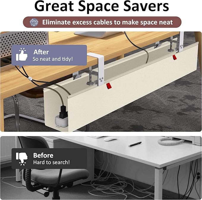 36" Under Desk Cable Management Tray for Home Office, No Drill Cord Organizer for Glass & Wood Table, Anti-Sag Oxford Fabric Wire Management Hider, Fits Surge Protector (Beige, 35.8")