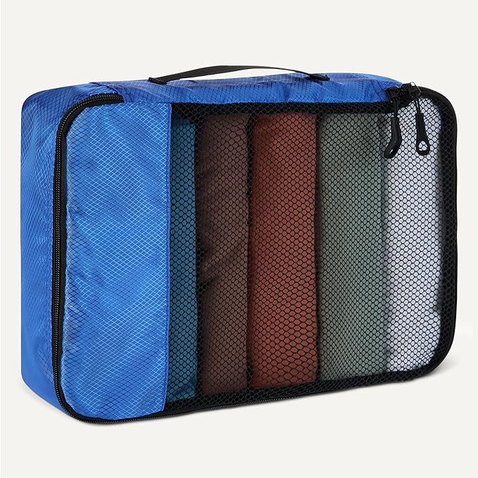 Amazon Essentials 4-Piece Packing Cubes Travel Accessories Set, Space-Saving Luggage Organizer with Double Zipper, Mesh Top, 2 Medium/2 Large, Blue (Previously Amazon Basics)