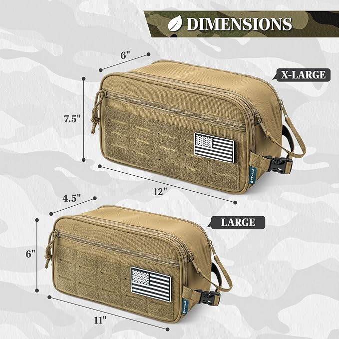 PAVILIA Tactical Toiletry Bag for Men, Water Resistant Molle Military Dopp Kit, Travel Hygiene Organizer with Wet Dry Storage for Shaving, Grooming, Gym and Camping, Tan