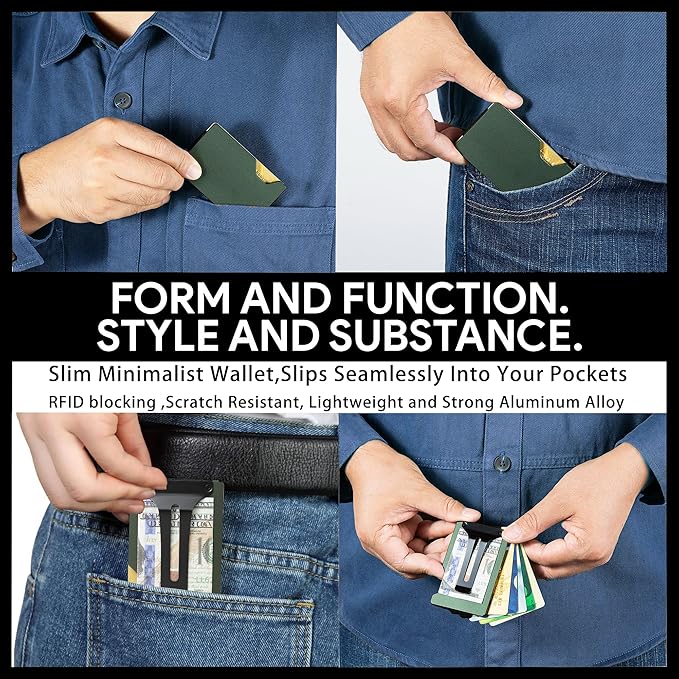 Slim Wallet for Men,RFID Blocking Minimalist Metal Wallet, Money Clip/Cash Holder, Front Pocket Aluminum Credit Card Holder, Ideal Gift for Men-Matte Green
