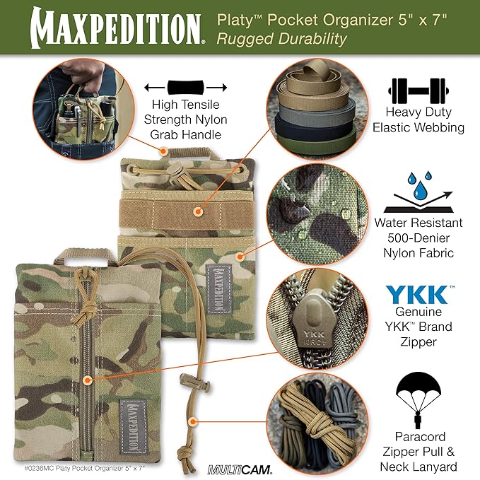 MAXPEDITION Platy Pocket Organizer, Durable EDC Tool Pouch for Men, Neck Wallet with Paracord Lanyard, Holds Flashlight, Multitool, Pen, Notebook