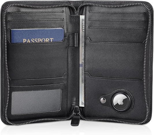 Polare Full Grain Leather Passport Holder Cover Case for Men RFID Blocking Travel Wallet Holds 4 Passports (Black with AirTag Slot)