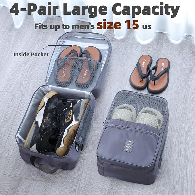 Large Shoe Bags for Travel Holds 4 Pair of Shoes, Shoe Storage Pouch with 3 Layers Compartments, Waterproof & Washable (Grey)