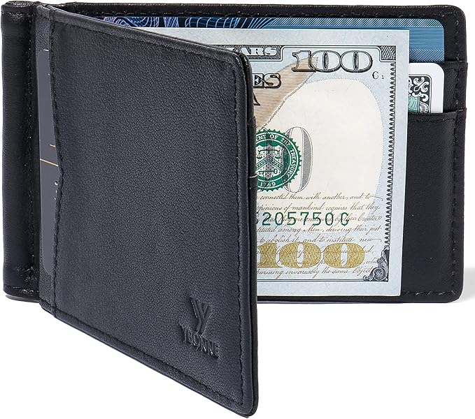 YBONNE Mens Slim Wallet with Money Clip Front Pocket RFID Blocking Thin Bifold Leather Card Holder Minimalist Mini Billfold