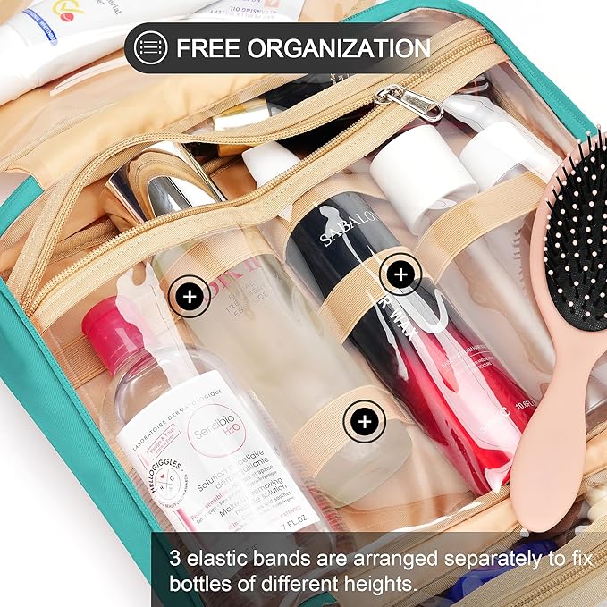 Travel Hanging Toiletry Bag for Women and Men, with 8 Leak Proofing Silicone Bottle Covers, Waterproof Makeup Accessories, Cosmetic Essentials, Toiletries Dopp Kit Set with Jewelry Organizer, Blue