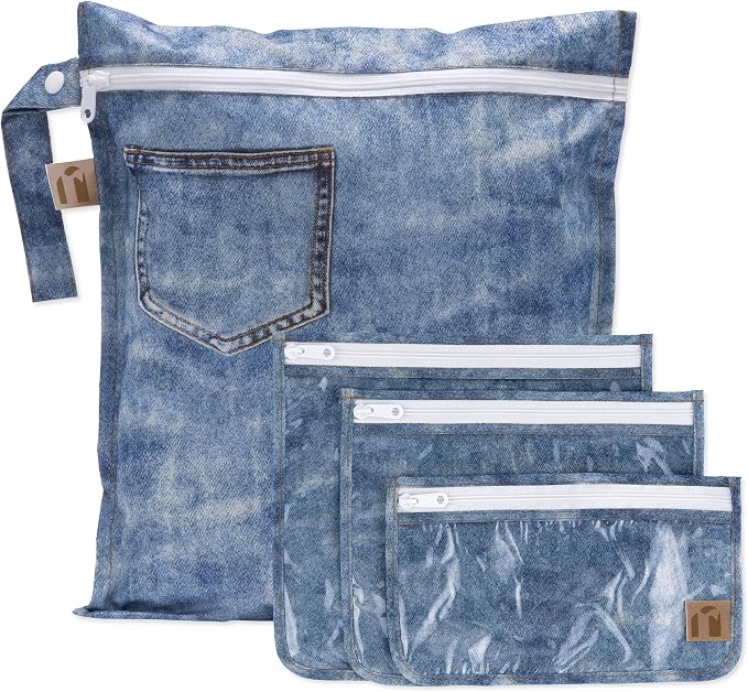 Bumkins Roamio Wet Bag and 3-Pack Clear-Sided Travel Pouches, Waterproof Fabric Organizer for Toiletries, Gym Clothes, Swim Gear, Shoes, Accessories, TSA Compliant Packing Set, Faux Denim 4-pc Set