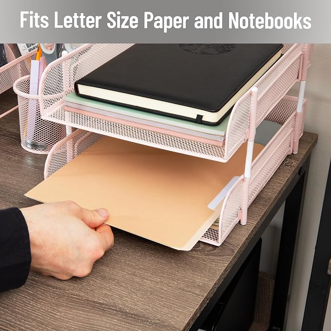 Mind Reader Stackable Paper Tray, Desktop Organizer, File Storage, Office, Metal Mesh, 2 Pcs, Pink