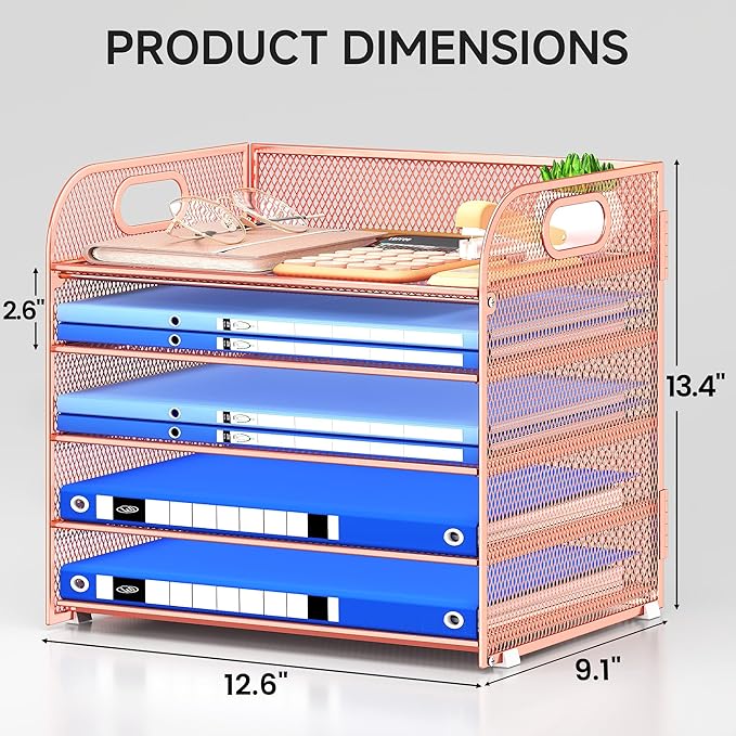 Paper Organizer Letter Tray with Handle Mesh 5 Trays Desk File Organizer Paper Sorter Desk Organizer for Office, Home or School-Rose Gold