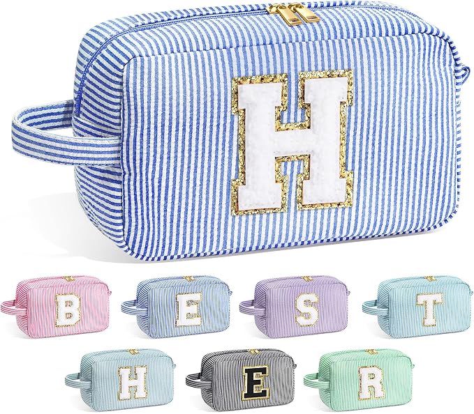 YOOLIFE Initial Makeup Bag for Women - Monogram Cute Makeup Bag Cosmetic Case Toiletry Pouch for Women Her Best Friend Sister Teacher, Personalized Birthday Gifts for Women, Blue H