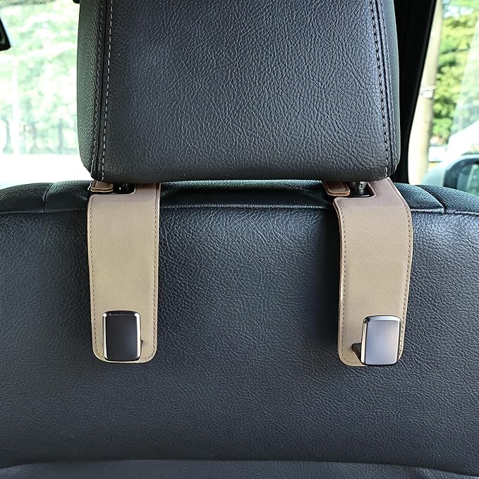 Car Seat Back Hook Metal with Suede Universal Vehicle Headrest Hangers Interior Storage Organizer for Purse Handbag Coat Grocery Bags 2 Pack Beige