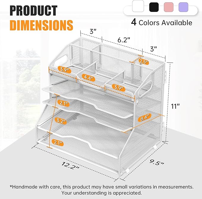YINGHUA 5 Tier Paper Tray Letter Organizer with Top 6 Adjustable Compartments - Paper Sorter Office Desktop Accessories with Handles for Document,Mail,School Supplies Storage,White
