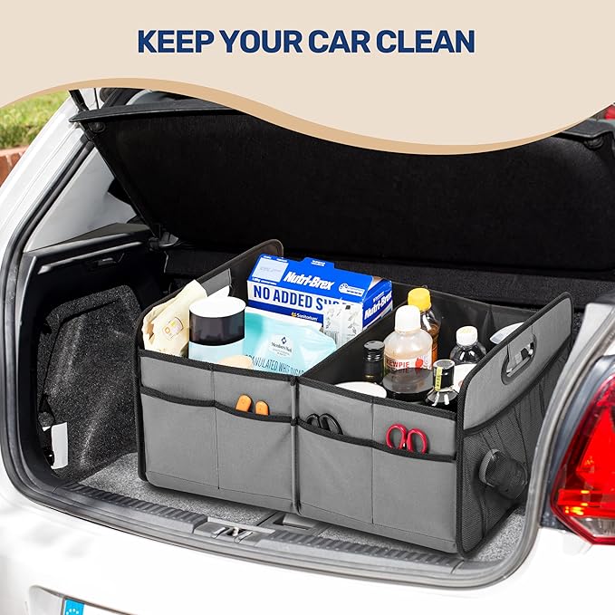 YSSOA 2 Compartments Car Trunk Organizer, 600D Oxford Polyester Car Storage, Anti-slip 14" D x 22" W x 12" H Collapsible Trunk Storage, Suitable for SUV, Minivan, Truck, Grey
