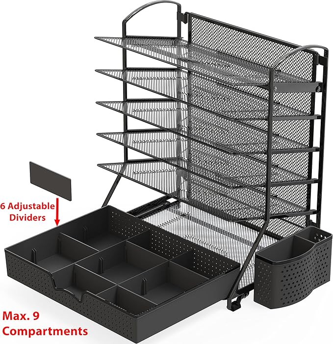 Simple Houseware 6-Tier Desk Document File Tray Organizer with Supplies Sliding Drawer, Black