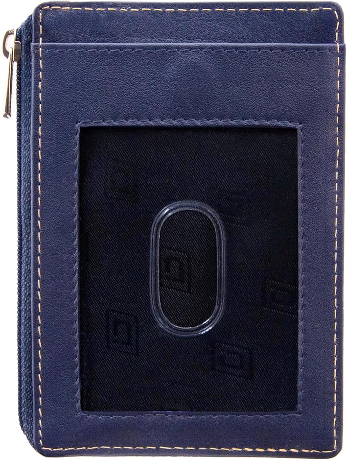 ID Stronghold RFID Blocking Front Pocket Wallet – Slim Minimalist Genuine Leather Wallet with Zipper Coin Pocket (Blue)