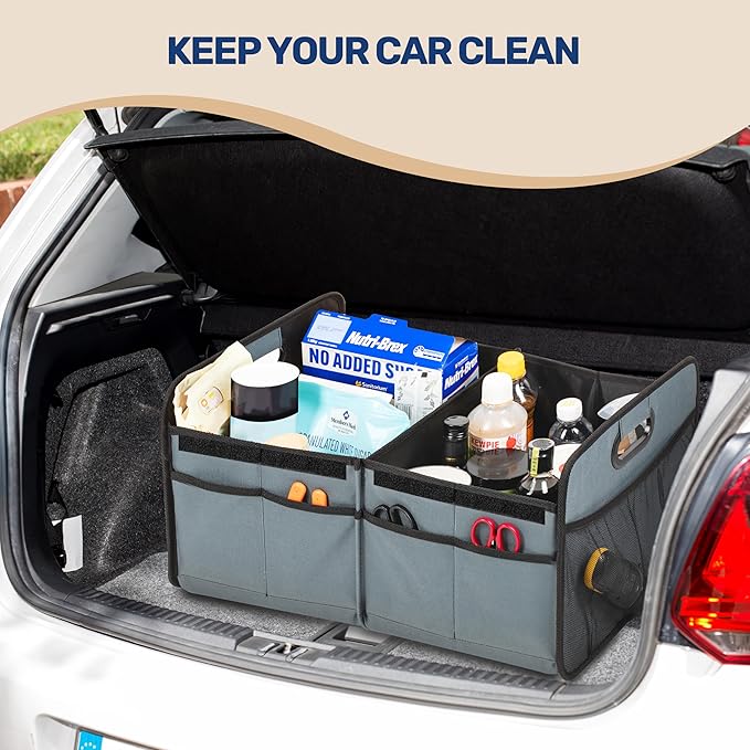 YSSOA 2 Compartments Car Trunk Organizer with Lid, 600D Oxford Polyester Car Storage, Anti-slip Collapsible Trunk Storage, Suitable for SUV, Minivan, Truck, Grey-Green