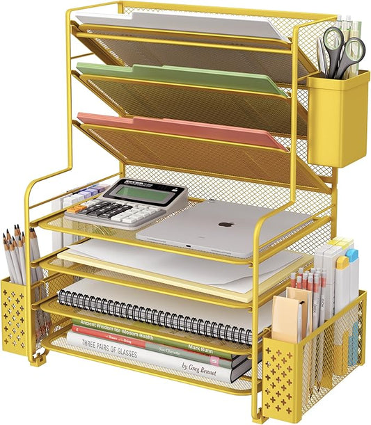 Simple Trending 7 Tier Desk File Organizer, Letter Tray Paper Organizer with Pen Holder and Metal Hanging Basket, Gold