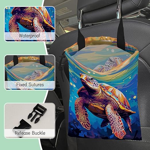 Pop Art Turtle Car Garbage Bag,Waterproof Small Car Trash Bag Hanging Back of Seat,Drawstring Hanging Car Trash Bag with Adjustable Buckle for Car Accessories