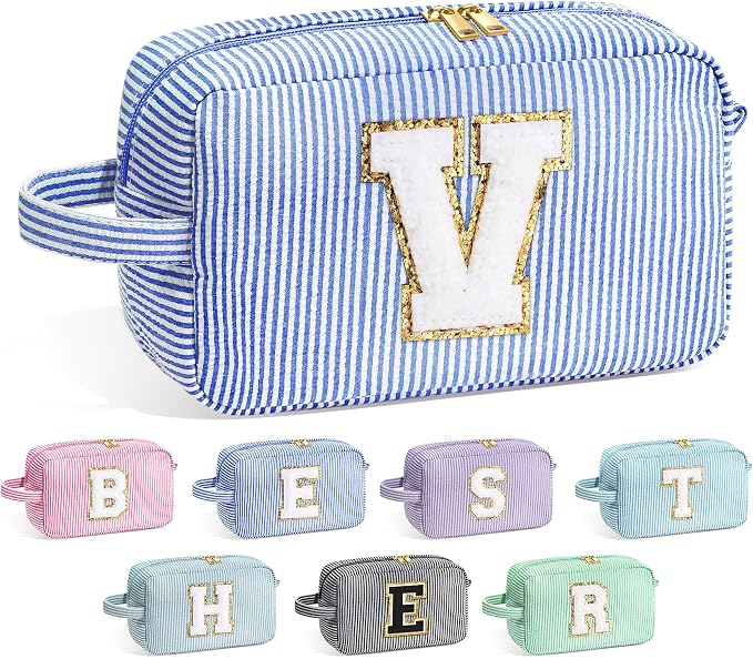 YOOLIFE Initial Makeup Bag for Women - Monogram Cute Makeup Bag Cosmetic Case Toiletry Pouch for Women Her Best Friend Sister Teacher, Personalized Birthday Gifts for Women, Blue V