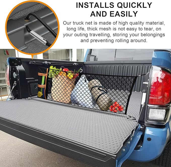 Envelope Style Truck Cargo Net Compatible with Toyota Tacoma 2005-2024, Highly Elastic Truck Bed Net for Tacoma Accessories, Upgraded Storage Bag & 4.5mm Bungee