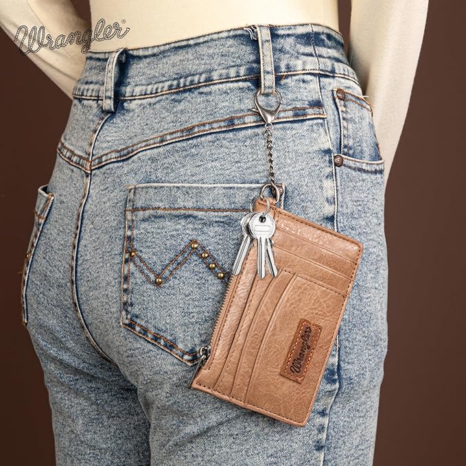 Montana West X Wrangler RFID Credit Card Holder Small Card Wallets for Women Slim Wallet Keychain Women Card Holder with Wristlet Strap