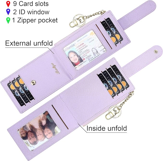 Badiya Slim Women Wallet RFID Blocking Bifold Compact 9 Card Slots Holder Wallets Soft Leather with Zipper Coin Pocket 2 ID Window