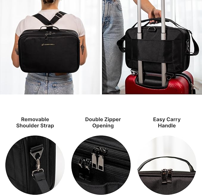 Carrywell Makeup Bag Travel Case, Not-Made In China, Hard Train Case for Cosmetics, Portable Beauty Artists Organizer, Storage Box With Adjustable Dividers For Make Up and Brushes, Medium Black