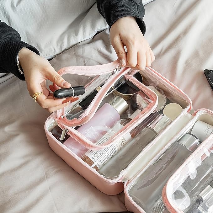 GRANNY SAYS TSA Approved Toiletry Bag, Clear Makeup Bag, Travel Toiletry Bag for Women, Leather Travel Cosmetic Bag, Portable PVC Waterproof Bag, Large Makeup Organizer, Pink