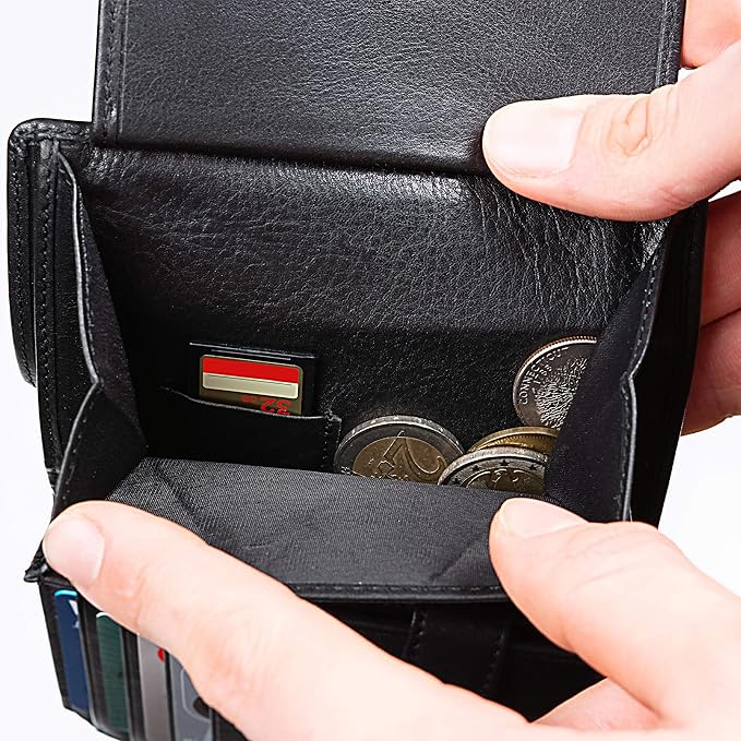 DiLoro Mens Full Size Large Capacity Genuine Full Grain Leather Wallet Bifold Flip ID Coin & Zip Pockets RFID Blocking Anti-Theft (Black Nappa)