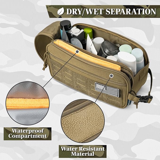PAVILIA Tactical Toiletry Bag for Men, Water Resistant Molle Military Dopp Kit, Travel Hygiene Organizer with Wet Dry Storage for Shaving, Grooming, Gym and Camping, Tan XL