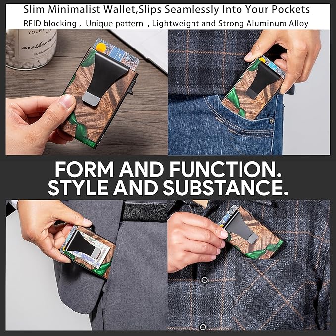 Slim Aluminum Wallet for Men, RFID Blocking Minimalist Matel Pop Up Card Holder Wallet, Holds 8+ Cards,Durable Removable Money Clip & Money Pocket(Resin Green Wood)