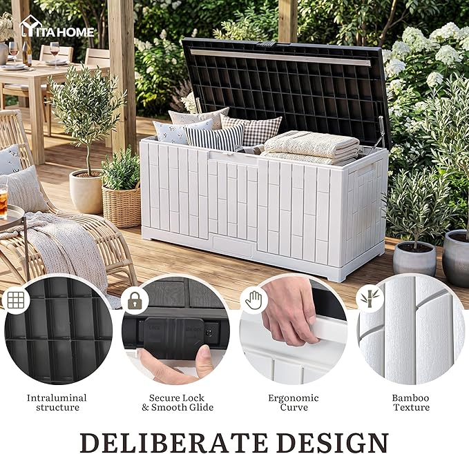 YITAHOME 120 Gallon Outdoor Storage Deck Box, Large Resin Patio Storage with Slide-Locking Black Lid, 2-Person Bench Seat for Outdoor Pillows, Garden Tools & Pool-Supplies, Waterproof, Grayish-White