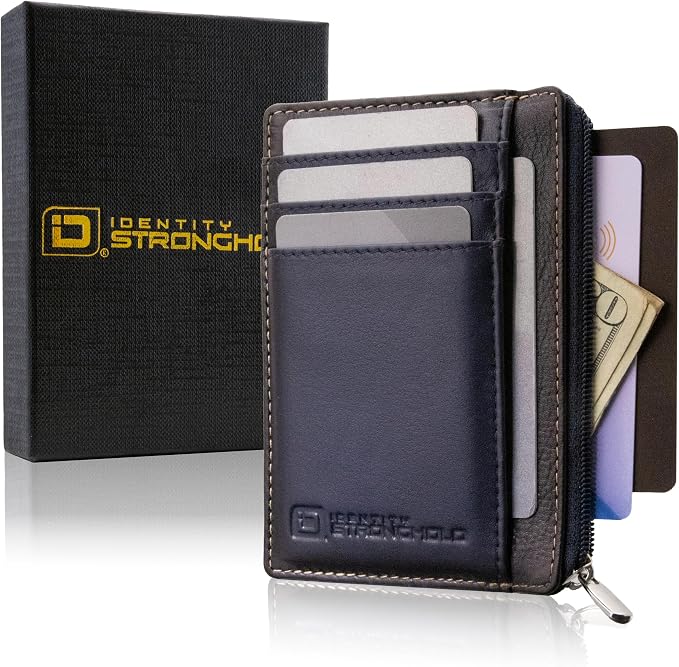 ID Stronghold RFID Blocking Front Pocket Wallet – Slim Minimalist Genuine Leather Wallet with Zipper Coin Pocket (Blue)