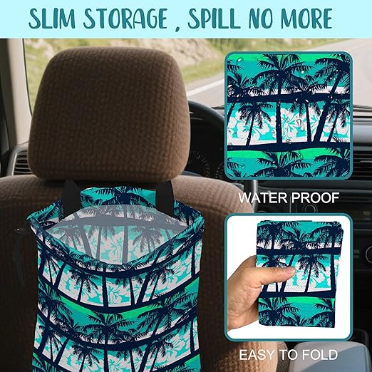 Car Garbage Bag Tropical Green Palm Trees Hanging Canvas Car Trash Bag Waterproof Drawstring Car Back Seat Organizer for Car Back Front Seat Console with Adjustable Buckle