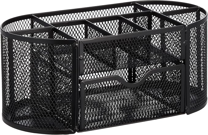Amazon Basics Mesh Desk Organizer with Pen Holder, Pullout Drawer and Office Caddy Storage, 9.25" x 4.53" x 3.94", Black
