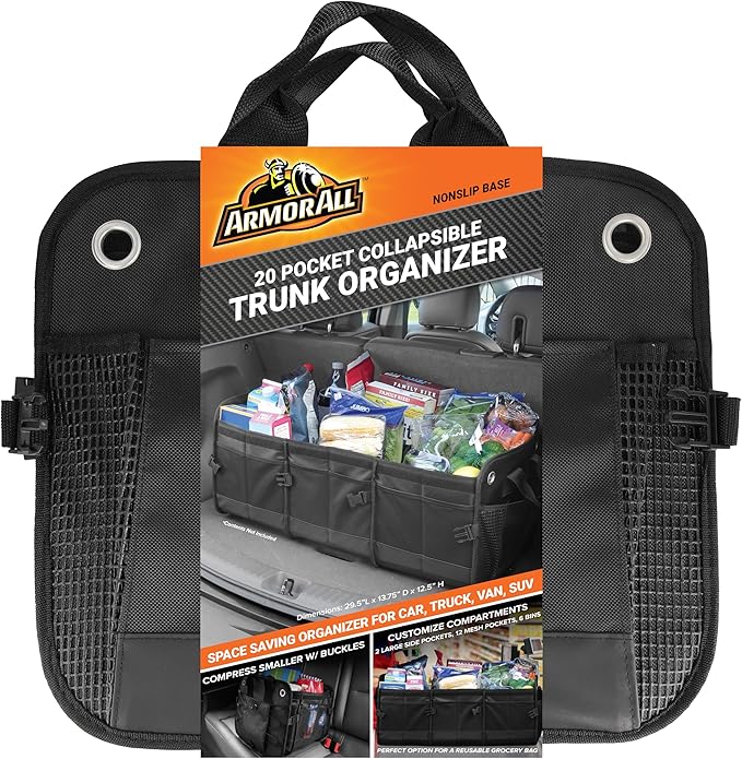 Armor All Large 20 Pocket Trunk Cargo Organizer, Collapsible and Foldable Compartments, Groceries, Beach, Picnic