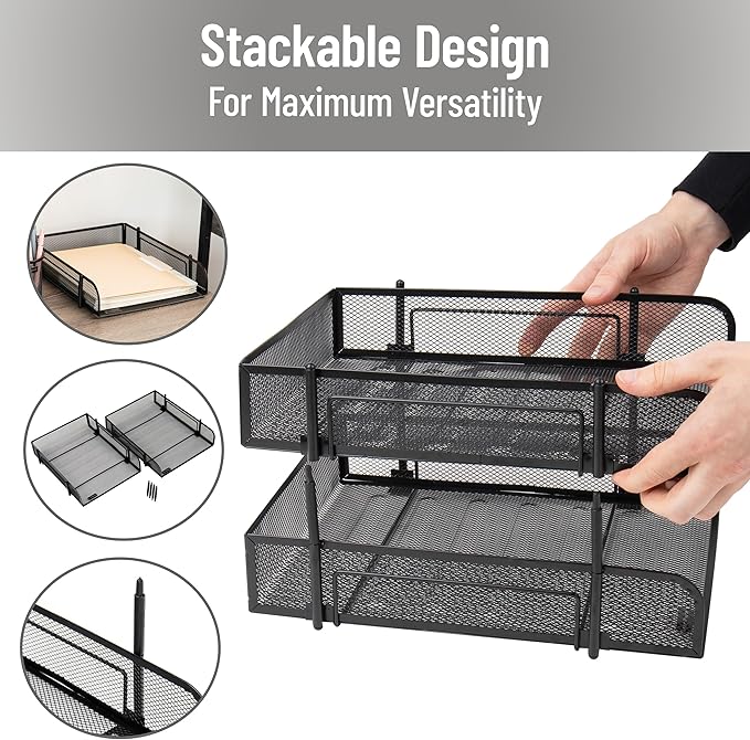 Mind Reader Stackable Paper Tray, Desktop Organizer, File Storage, Office, Metal Mesh, 2 Pcs, Black